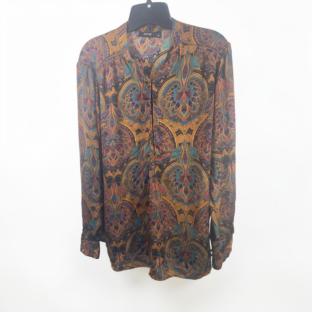 Apt. 9 Womens XL Paisley Medallion Print Long Sleeve Split Neck Blouse Top